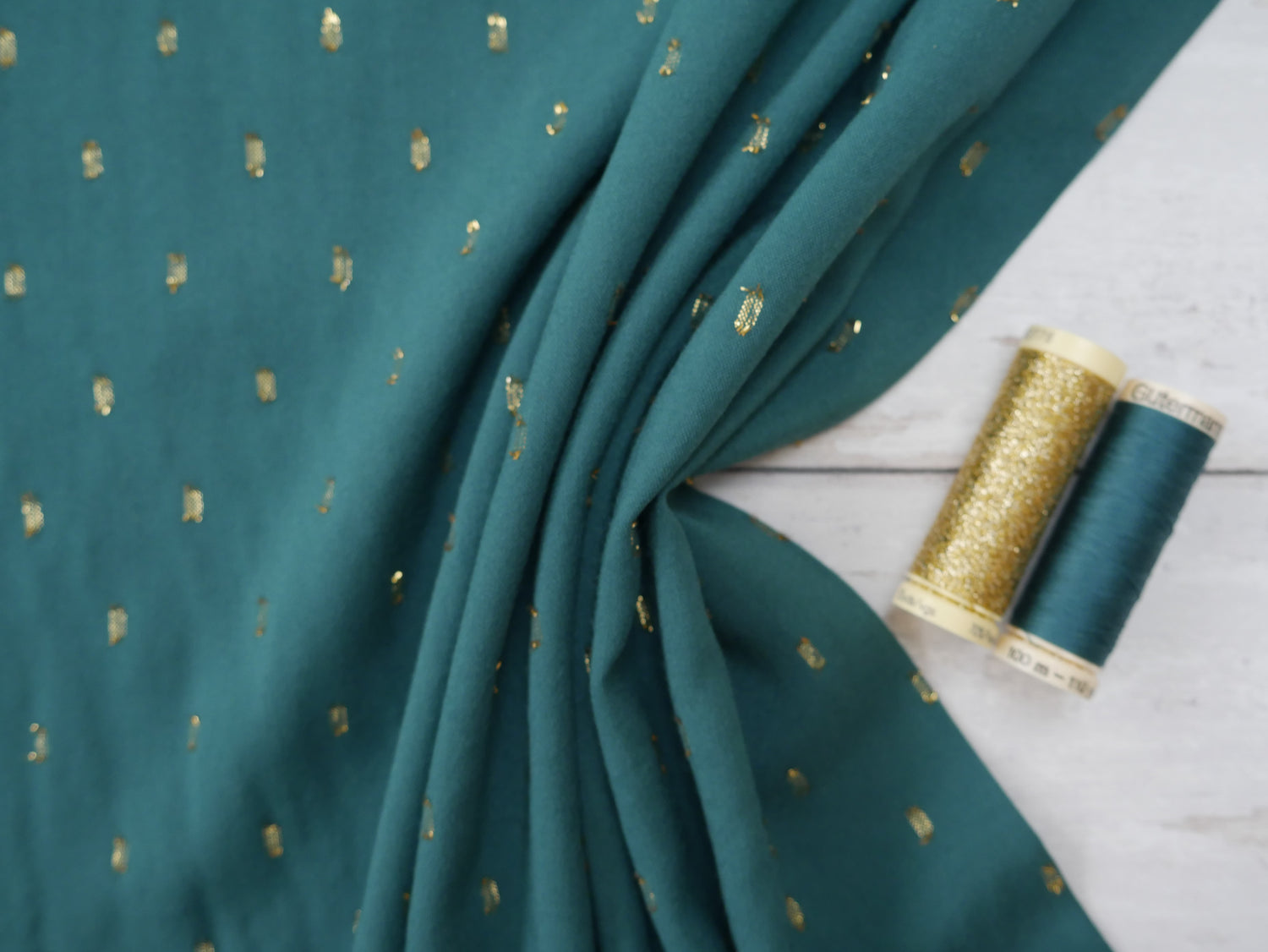 Radiance Viscose with Gold Flecks in Peacock, £12.00 p/m-Viscose-Flying Bobbins Haberdashery