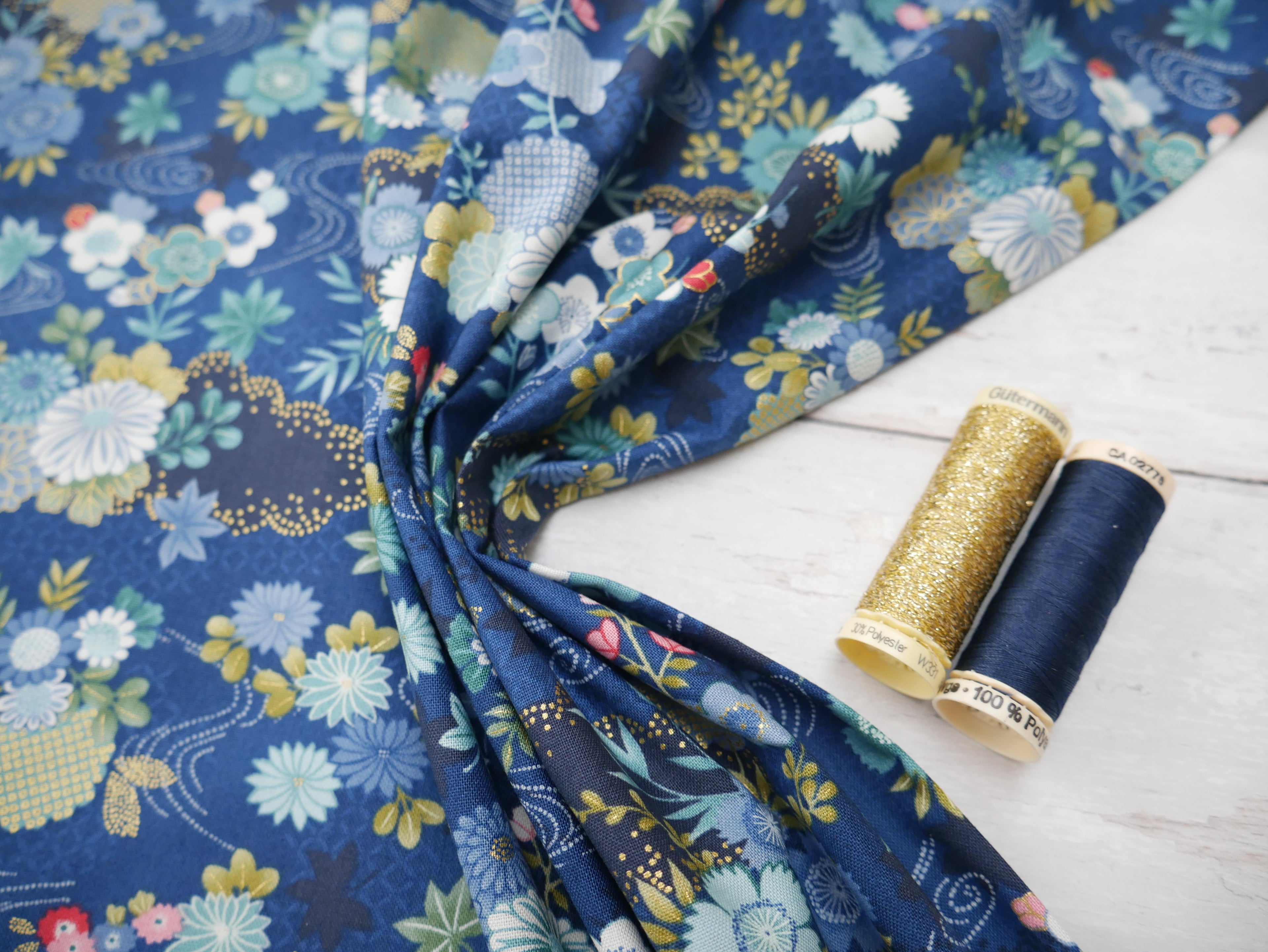 Makower Printed Cotton, Kasumi Harmony in Indigo, £15.50pm-Cotton-Flying Bobbins Haberdashery