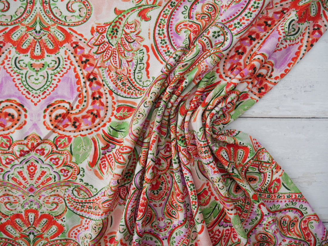 Paisley Viscose Crepe Jersey in Watermelon, £17.50 p/m-Viscose jersey-Flying Bobbins Haberdashery