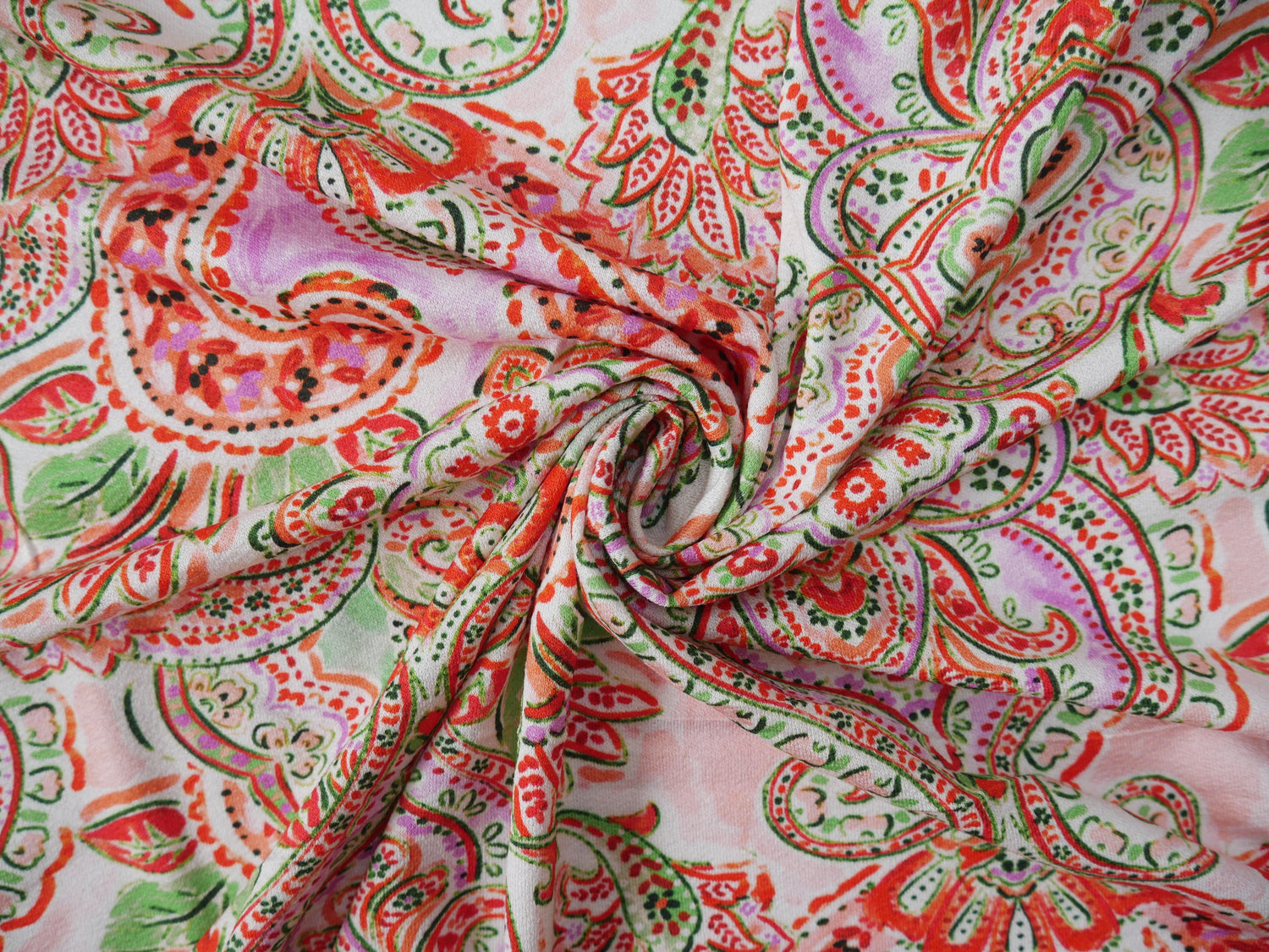 Paisley Viscose Crepe Jersey in Watermelon, £17.50 p/m-Viscose jersey-Flying Bobbins Haberdashery