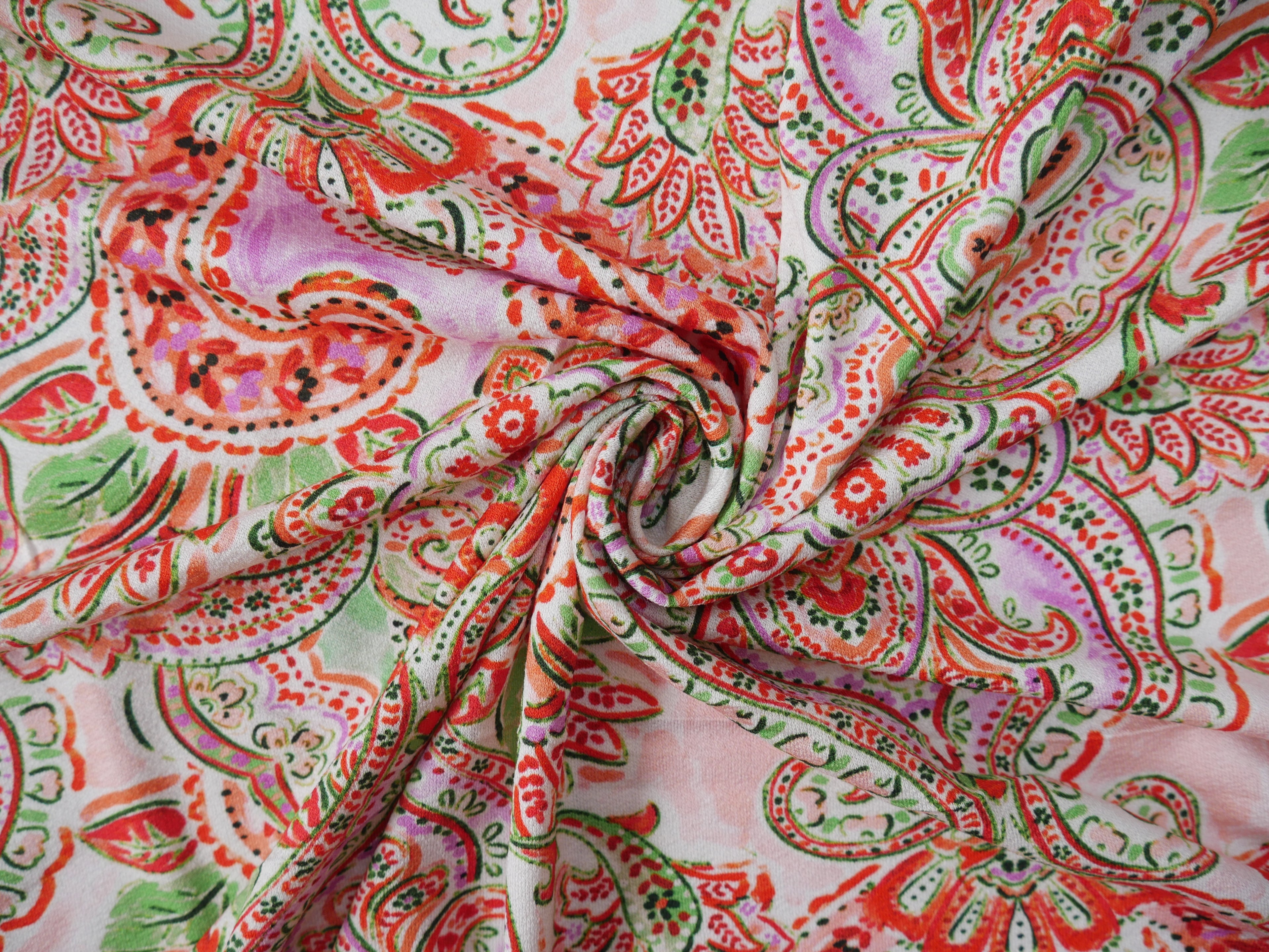 Paisley Viscose Crepe Jersey in Watermelon, £17.50 p/m-Viscose jersey-Flying Bobbins Haberdashery