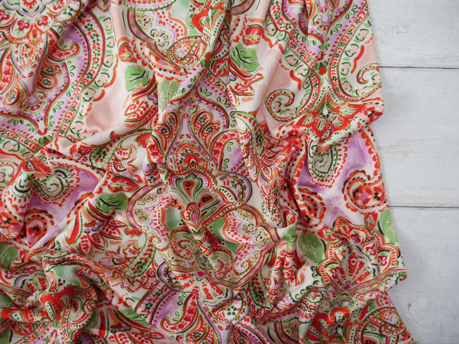 Paisley Viscose Crepe Jersey in Watermelon, £17.50 p/m-Viscose jersey-Flying Bobbins Haberdashery