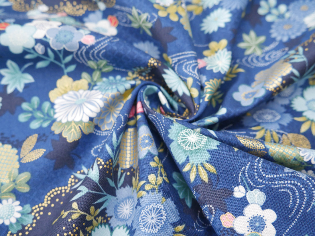 Makower Printed Cotton, Kasumi Harmony in Indigo, £15.50pm-Cotton-Flying Bobbins Haberdashery