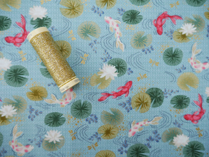 Makower Printed Cotton, Kasumi Koi in Blue, £15.50pm-Cotton-Flying Bobbins Haberdashery