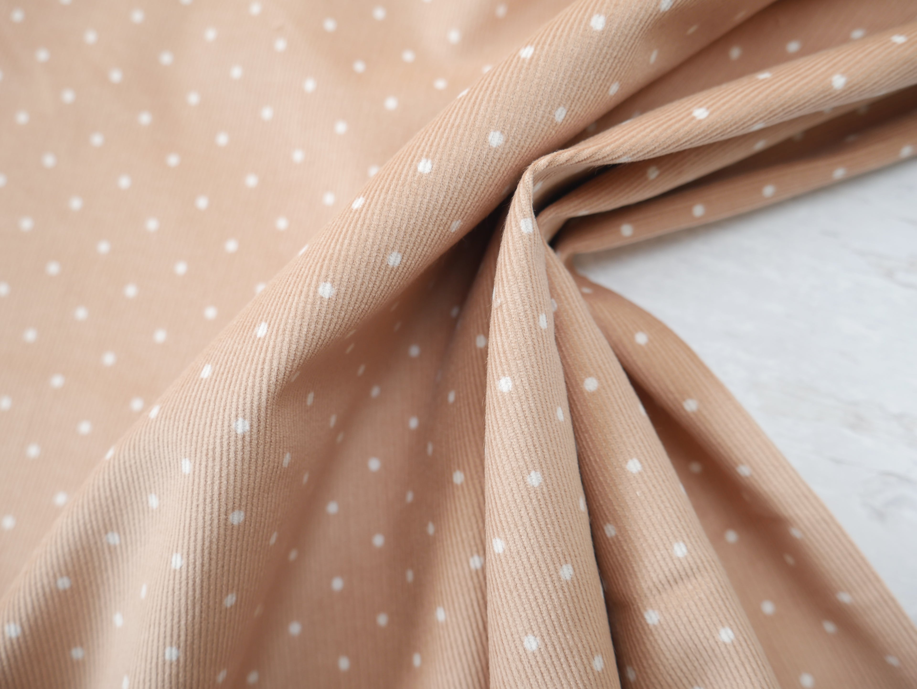 Polka Dot Fine Wale Corduroy Maple Fabric, £19.50 p/m-Corduroy-Flying Bobbins Haberdashery