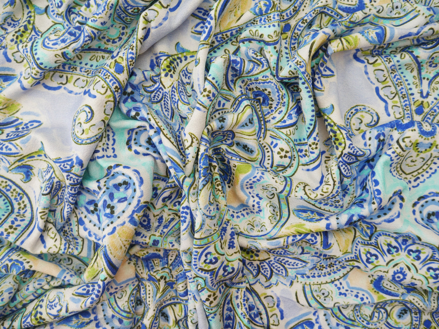 Paisley Viscose Crepe Jersey in Peacock, £17.50 p/m-Viscose jersey-Flying Bobbins Haberdashery