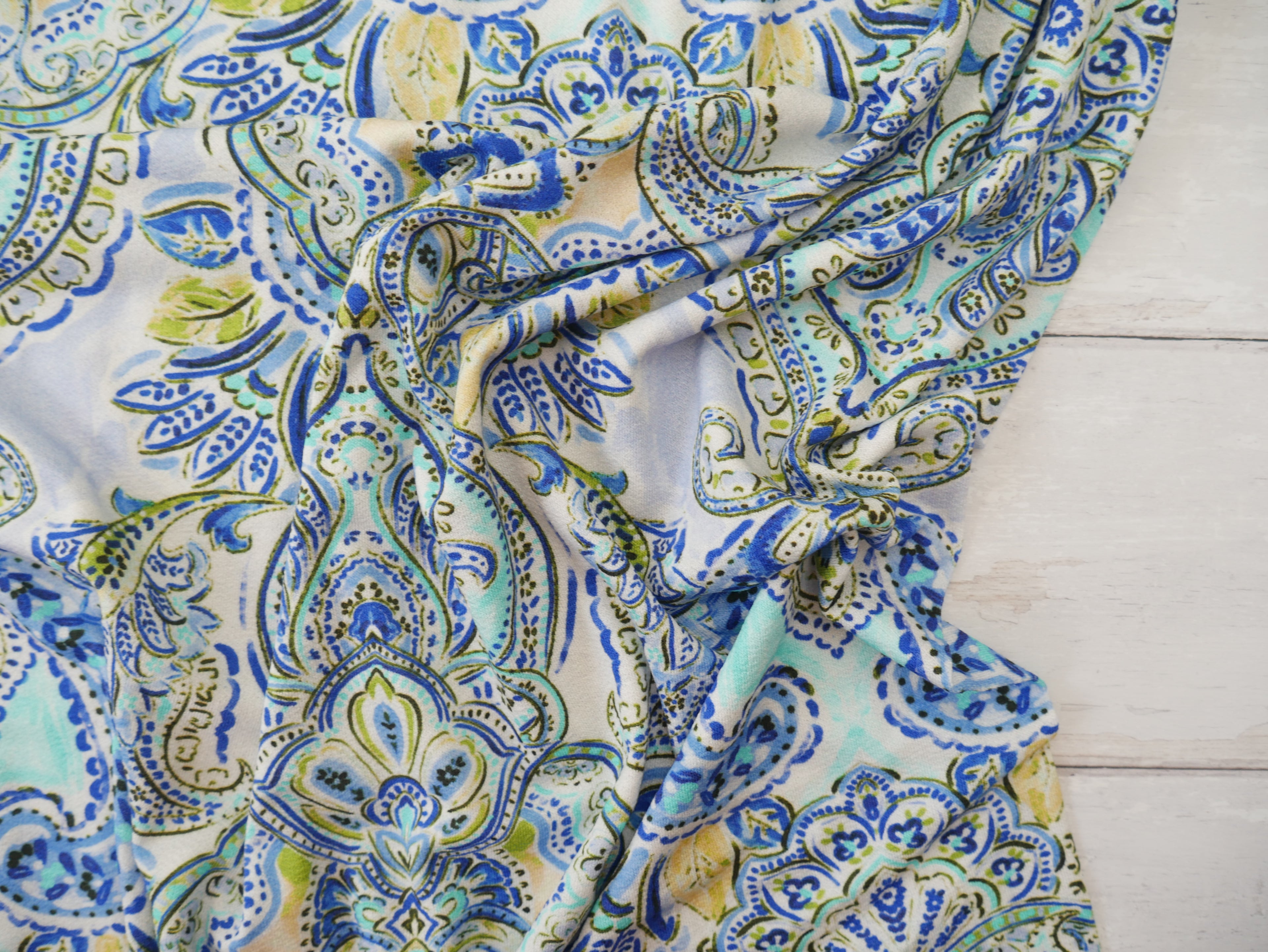 Paisley Viscose Crepe Jersey in Peacock, £17.50 p/m-Viscose jersey-Flying Bobbins Haberdashery