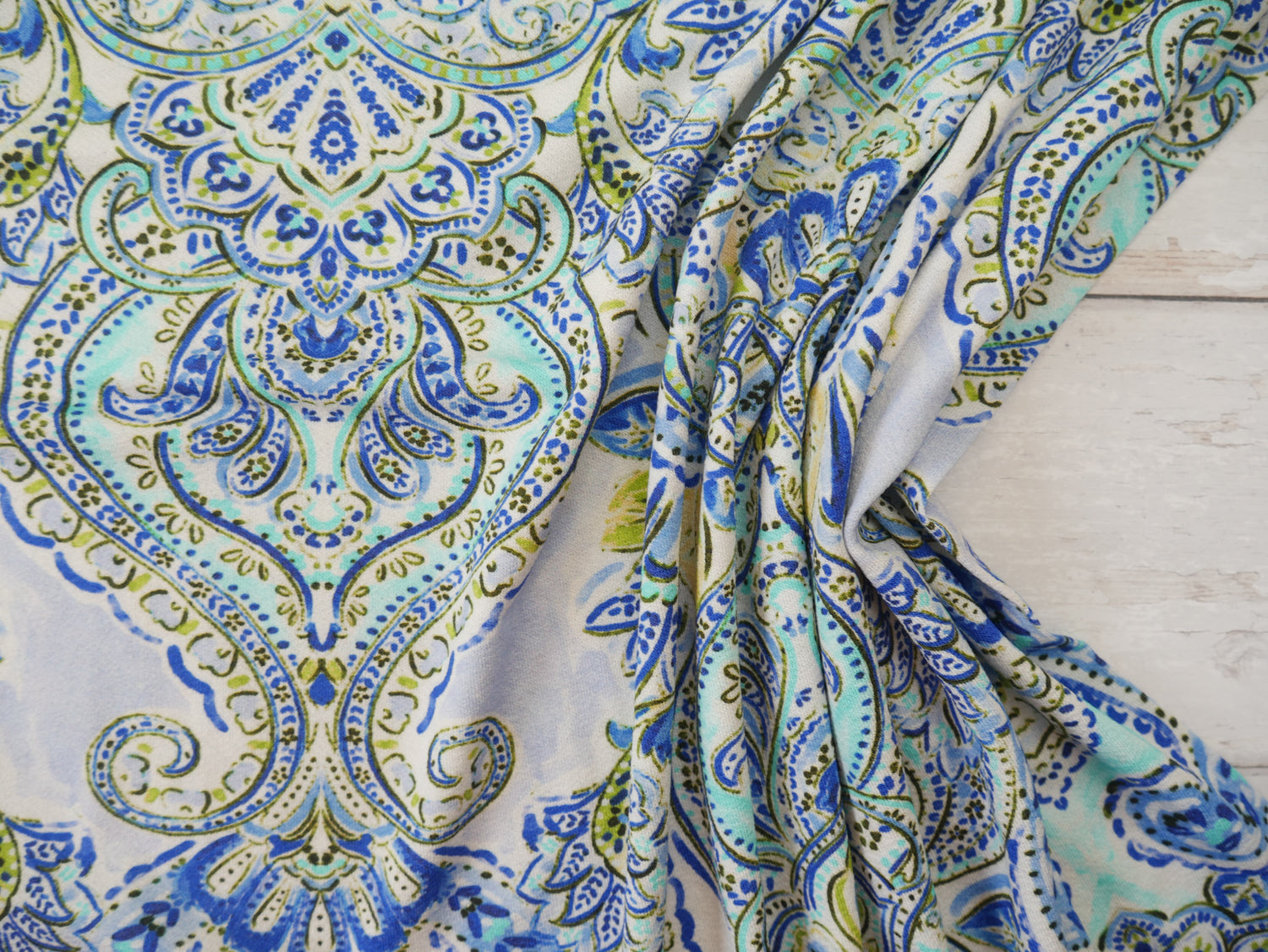 Paisley Viscose Crepe Jersey in Peacock, £17.50 p/m-Viscose jersey-Flying Bobbins Haberdashery