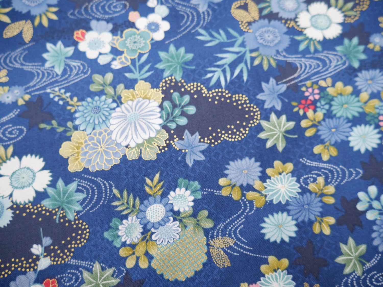 Makower Printed Cotton, Kasumi Harmony in Indigo, £15.50pm-Cotton-Flying Bobbins Haberdashery