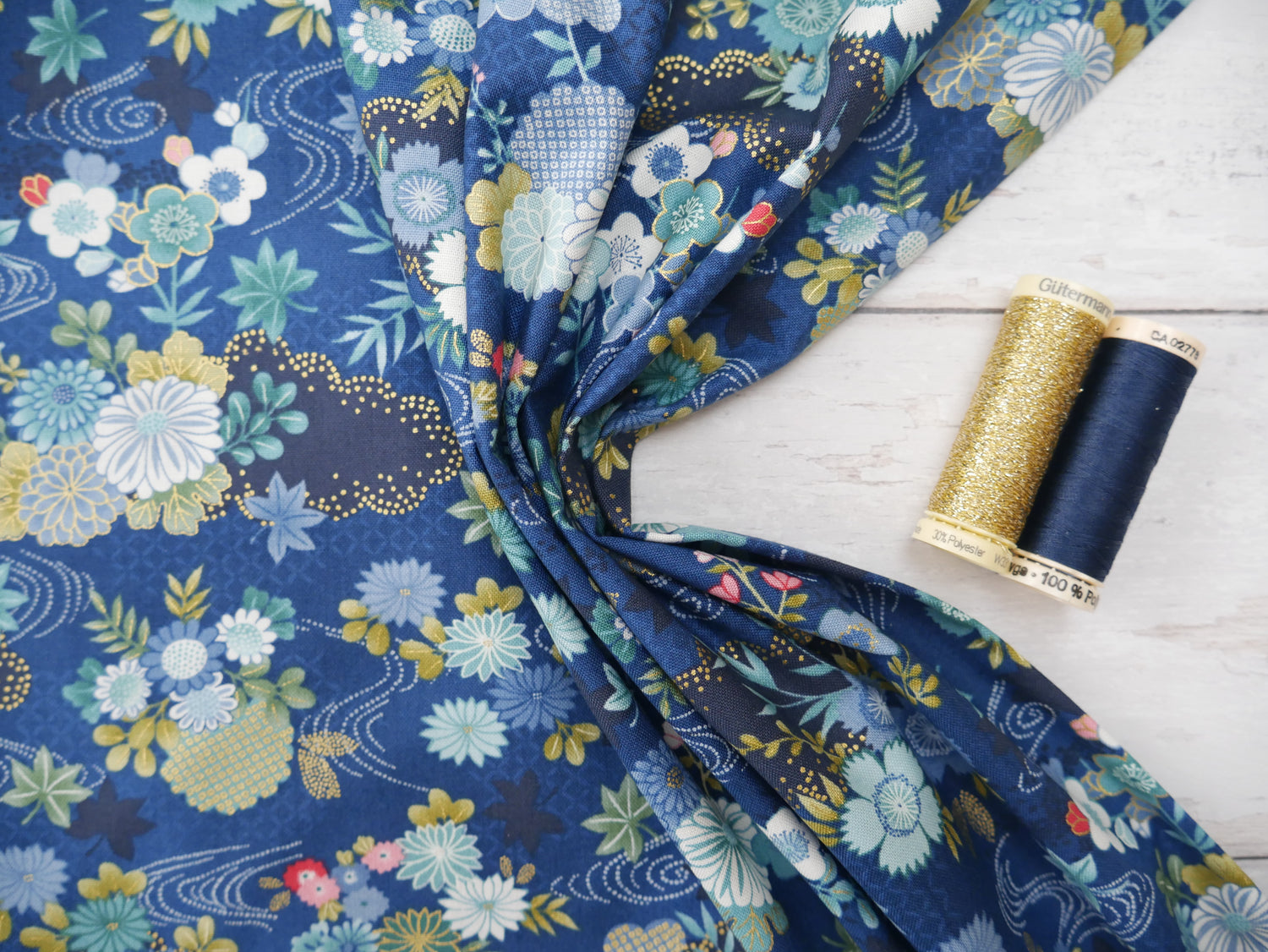 Makower Printed Cotton, Kasumi Harmony in Indigo, £15.50pm-Cotton-Flying Bobbins Haberdashery