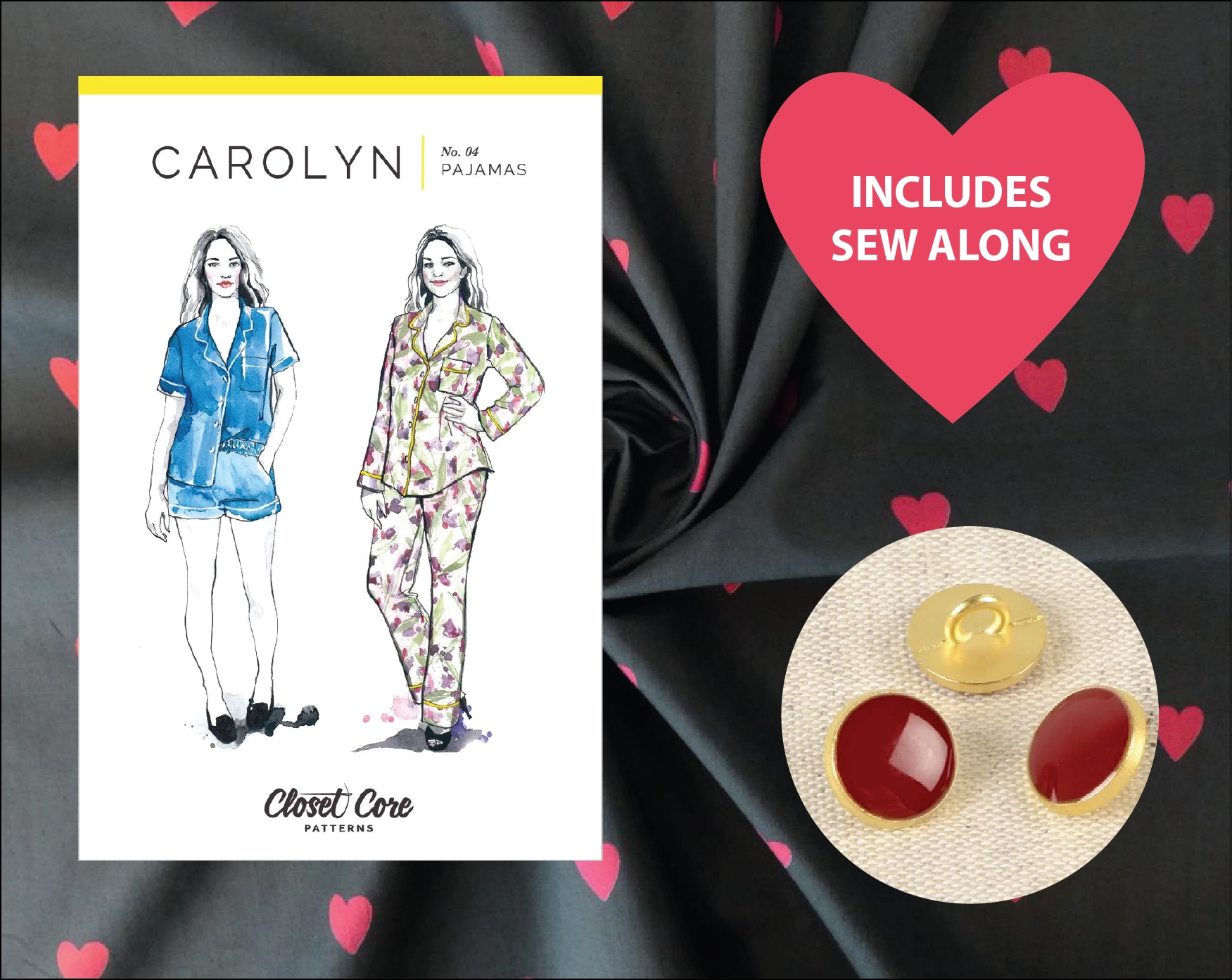 Carolyn Pyjamas Kit - Loveheart Cotton Lawn in Black-Sewing Kit-Flying Bobbins Haberdashery