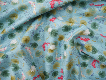 Makower Printed Cotton, Kasumi Koi in Blue, £15.50pm-Cotton-Flying Bobbins Haberdashery