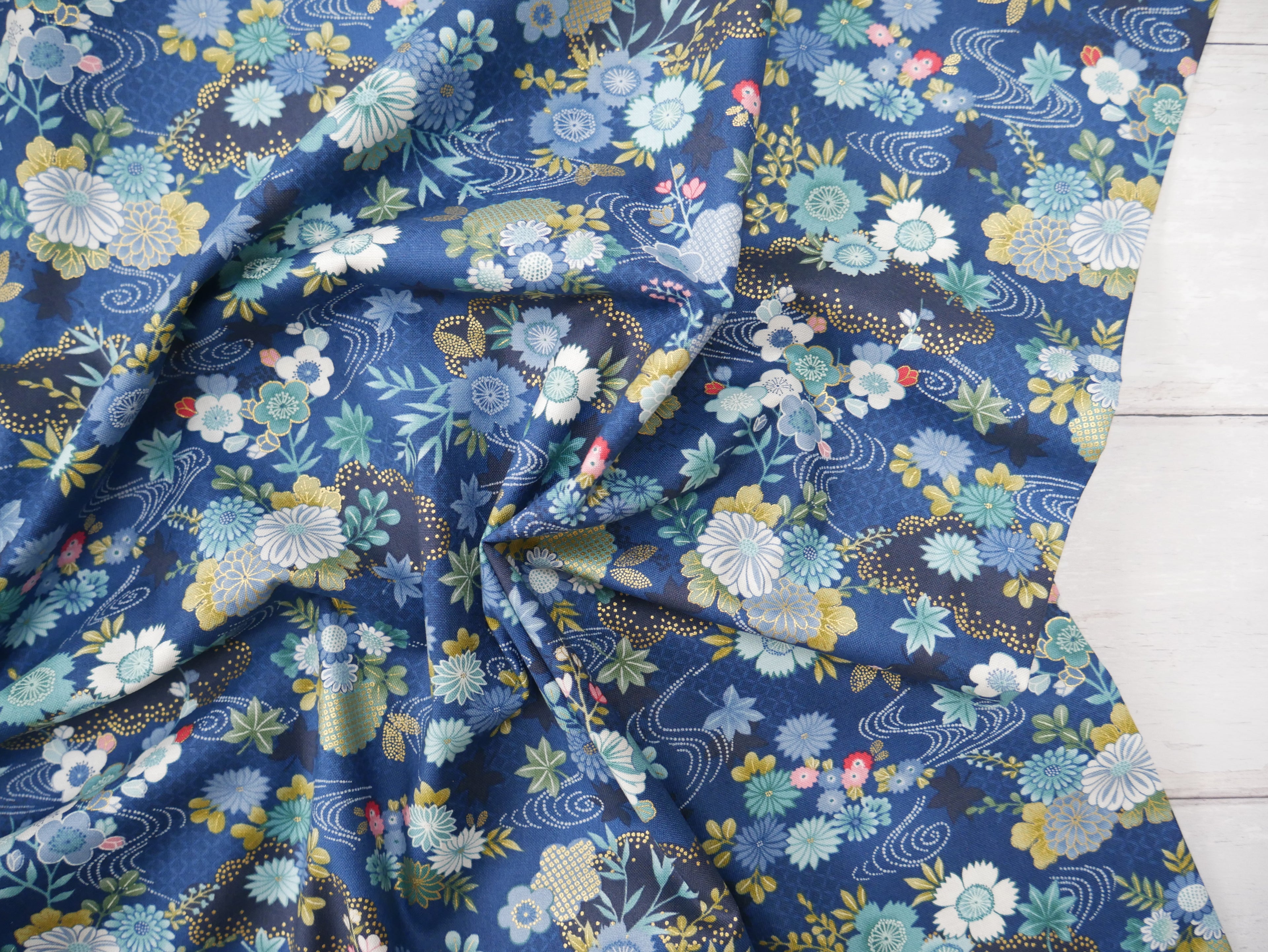 Makower Printed Cotton, Kasumi Harmony in Indigo, £15.50pm-Cotton-Flying Bobbins Haberdashery