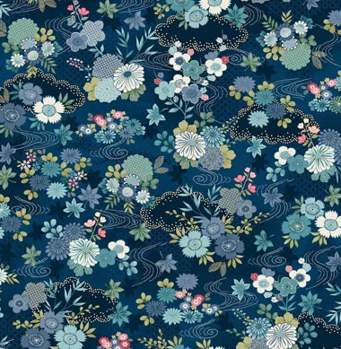 Makower Printed Cotton, Kasumi Harmony in Indigo, £15.50pm-Cotton-Flying Bobbins Haberdashery